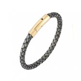 Gevlochten Leren Armband met Stalen Sluiting | Rond | Grijs en Zwart | 20 cm | Armband Mannen | Armband Heren | Heren Armband | Cadeau voor Man | Mannen Cadeautjes | Pasen | Koningsdag