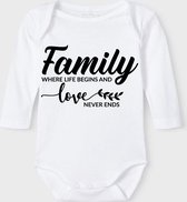 Baby Rompertje met tekst 'Family is where live begins, and love never ends' | Lange mouw l | wit zwart | maat 62/68 | cadeau | Kraamcadeau | Kraamkado