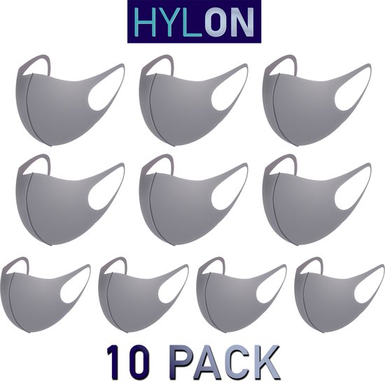 Masque buccal en néoprène - Grijs - 10 PACK - Lavable - Réutilisable - Par HYLON