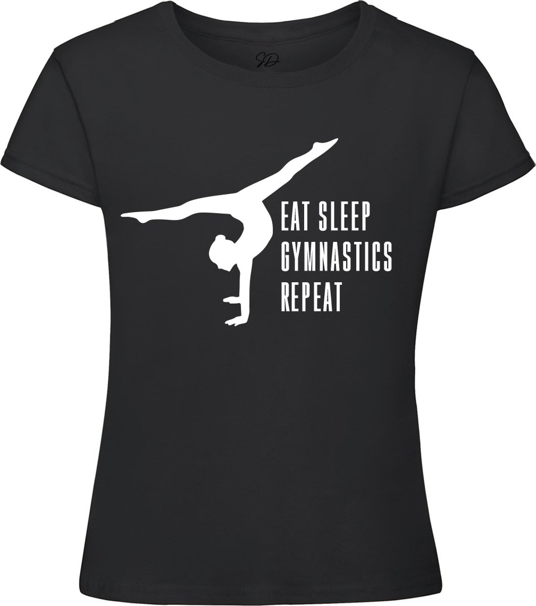 Sparkle&Dream - T-Shirt \'Eat Sleep Repeat\' Zwart - Maat L - voor turnen en gymnastiek