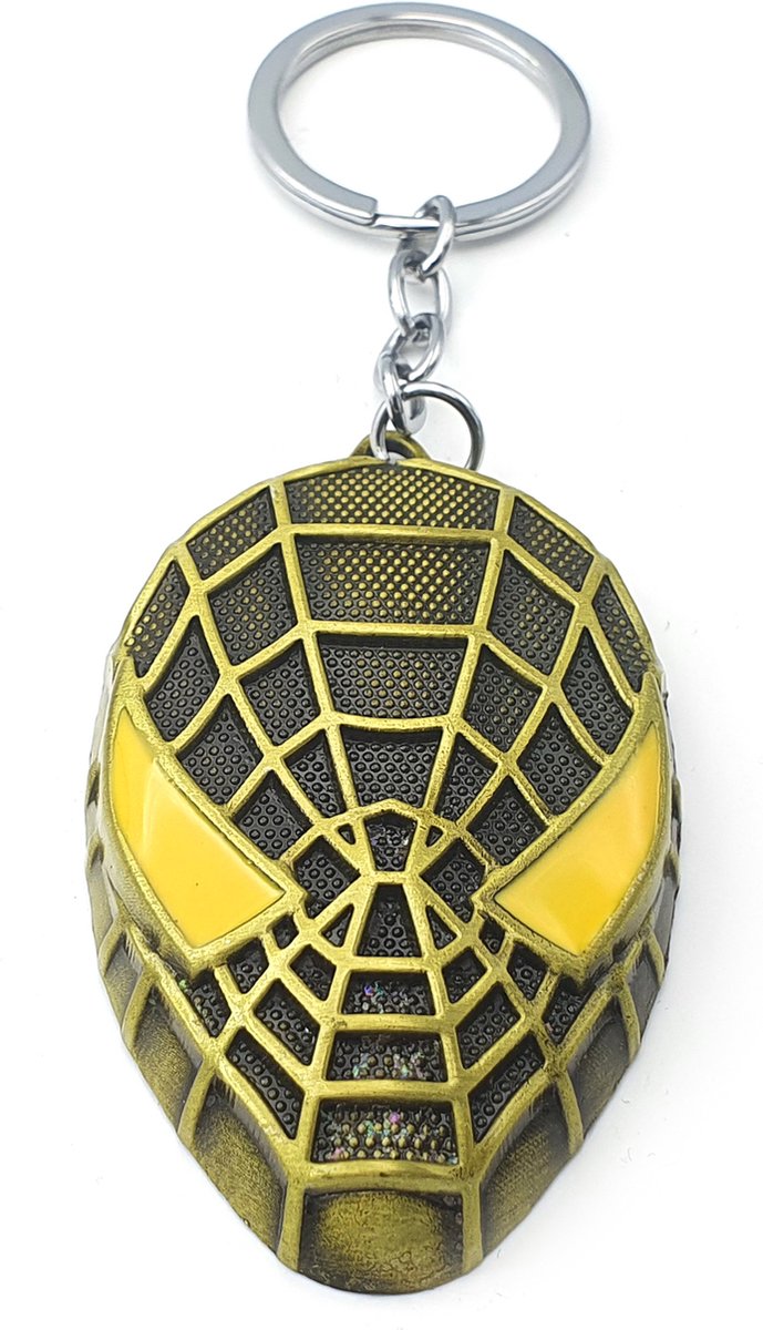 Spiderman groot metalen hoofd sleutelhanger tashanger jongens 45x65 mm met ring goudkleurig