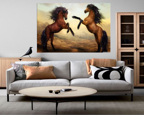 Canvas - Schilderij - Bruine Paarden - Dieren - Wanddecoratie - Woonkamer - Interieur - Schilderijen op canvas - Wall Art -  Canvasdoek - 100x70 cm - 3 cm