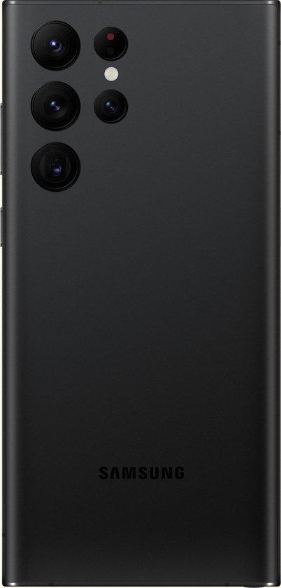 Zwarte Samsung Galaxy S22 Ultra, achterkant met camera's en Samsung logo.