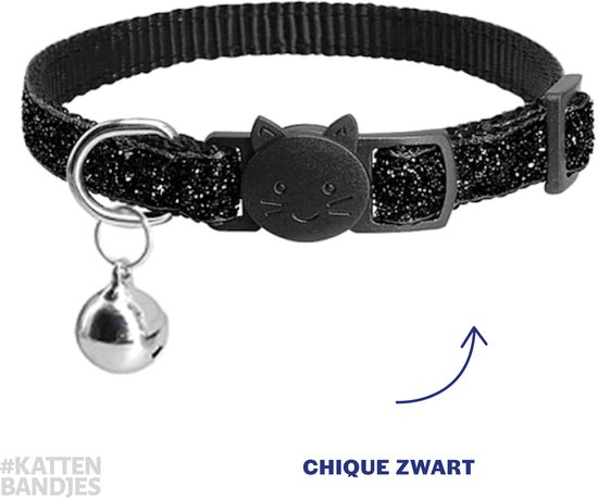 Kattenhalsband | Halsband kat | Kitten | Kattenbandje glitter zwart | Kattenhalsbandje met veiligheidssluiting en belletje
