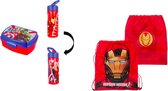 Iron Man gymzak (44 cm - 38 cm) + Marvel Avengers brooddoos (17 cm - 13 cm - 6 cm) + Drinkfles (18 cm hoog - 400 ml)