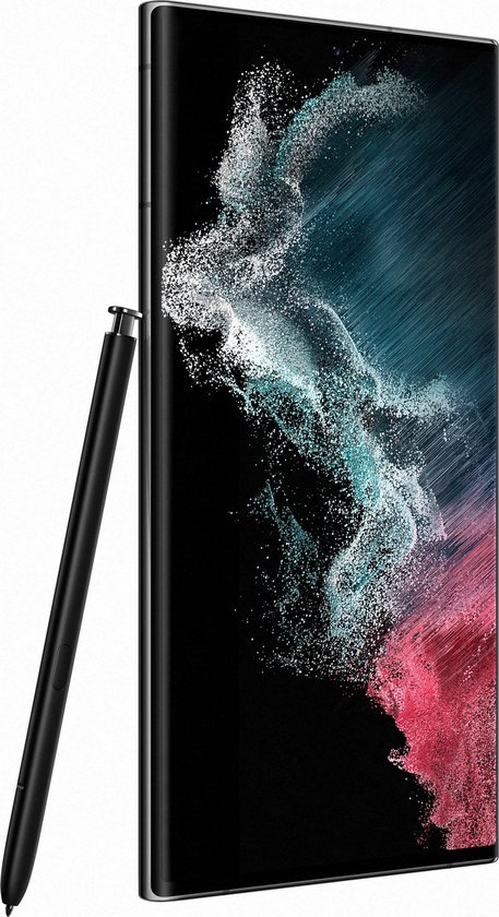 Zwarte smartphone met S Pen, scherm toont een abstracte, wervelende print van witte, rode en turquoise deeltjes.