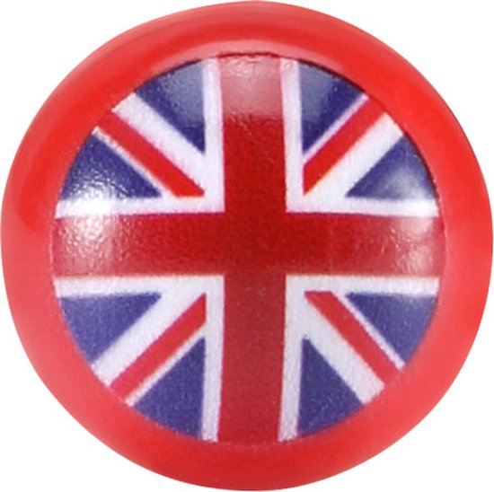 Een rode knikker met de Britse vlag erop.