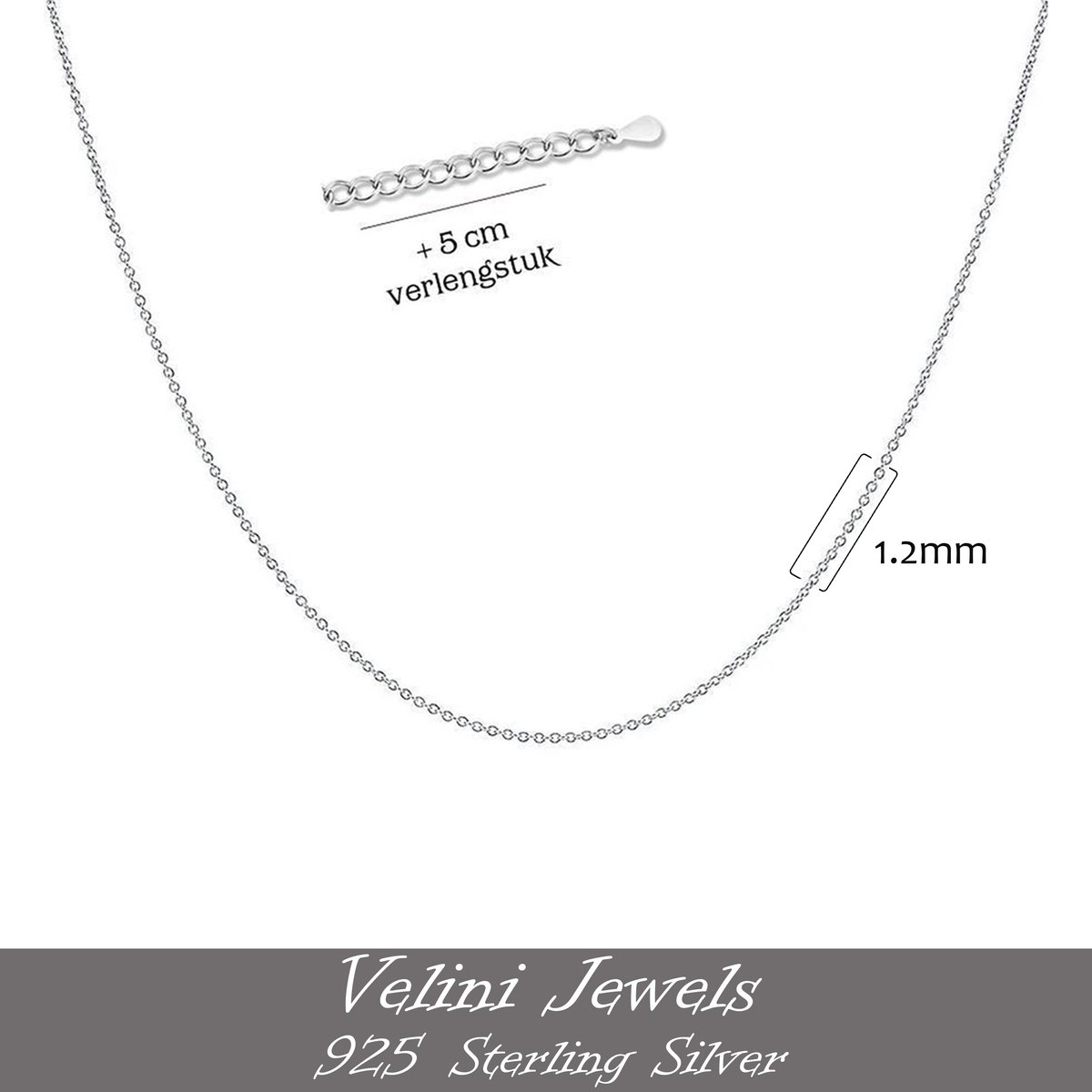 Velini jewels-ROLO925F-1.2mm925 Zilver Ketting- 70 cm + 5 cm verlengstuk