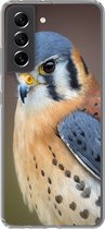 Geschikt voor Samsung Galaxy S21 FE hoesje - Vogel - Macro - Blauw - Siliconen Telefoonhoesje