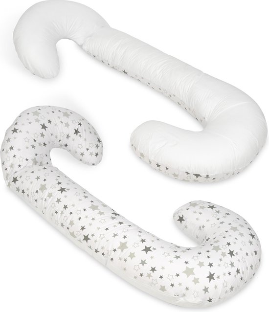 Voedingskussen - Body pillow - 240 cm - 100% katoen - wit en wit met sterren