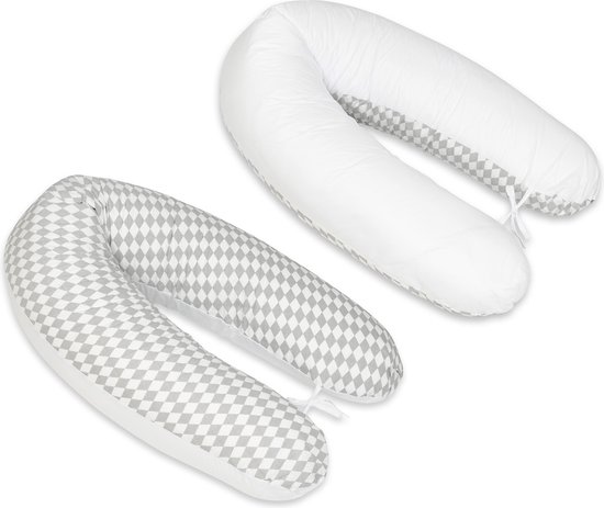 Voedingskussen - Zwangerschapskussen - 100% katoen - met koordjes - 145 cm - wit/grijze diamant - wit