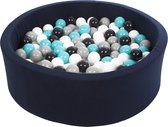 Ballenbad rond - navy - 90x30 cm - met 200 zwart, wit, grijs en turquoise ballen