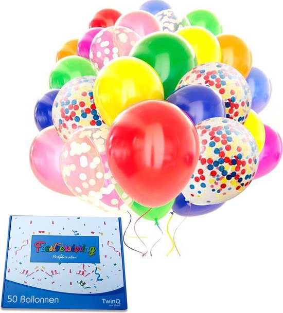TwinQ 50x Gekleurde Feest Confetti en Helium Ballonnen Set - Verjaardag Versiering - Regenboog Ballonnenboog Maken - Latex