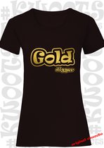 GOLD DIGGER dames shirt – Zwart - korte mouw - Maat XS - grappige teksten - quotes - humor - print - tekst shirt - kwoots - miljonair - goud - geld