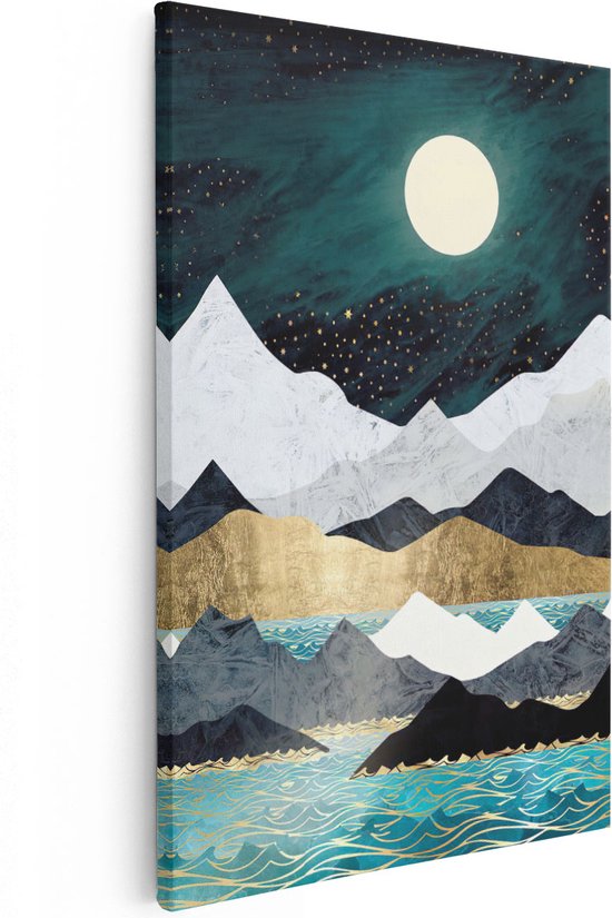 Artaza Canvas Schilderij Gekleurde Bergen in de Nacht bij het Water - 20x30 - Klein - Foto Op Canvas - Canvas Print