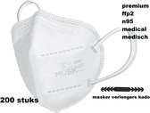 FFP2 gezichtsmasker - FFP2 Mondkapje - 200 stuks wit, individueel verpakt | Hoge filtratie - 5 lagen | EN149 CE-gecertificeerd | Hypoallergeen | Vloeistofbestendig | Oorlussen en a