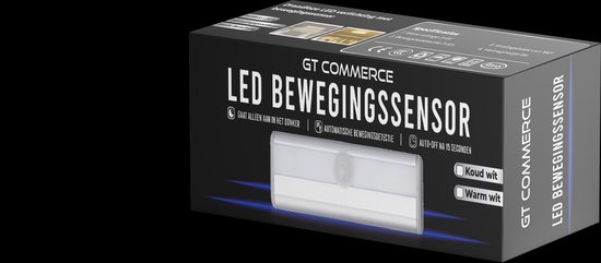 De verpakking van een GT Commerce LED Bewegingssensor lamp, met een afbeelding van de lamp en de tekst 'Koud wit' en 'Warm wit'.