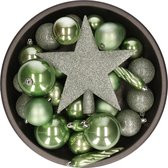 Set van 33x stuks kunststof kerstballen met ster piek salie groen mix - Onbreekbaar - Kerstversiering/boomversiering