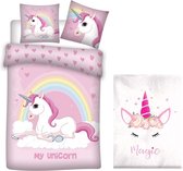 Dekbedovertrek Unicorn- Flanel- 1 persoons- 140x200- dubbelzijdig- extra warm- roze- wit, incl. Fleece deken Unicorn 130x160