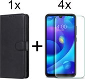 Xiaomi Redmi 9T hoesje bookcase met pasjeshouder zwart wallet portemonnee book case cover - 4x Xiaomi Redmi 9T screenprotector