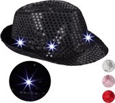 Relaxdays 1x pailetten hoed - feesthoed zwart - partyhoed LED - fedora hoed - glitters