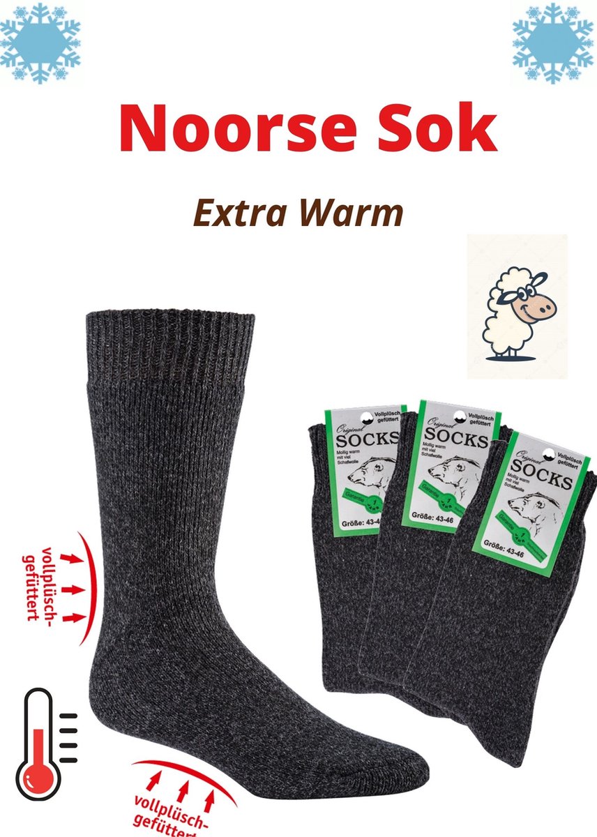 3-Pack Noorse Sokken - Wollen Sokken - Thermo - Warm - Winter Sokken - Ski - 1 bundel met 3 paar - Maat 43-46 - Antraciet