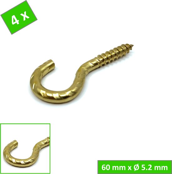 Messing schroefhaak met decoratie, 60 mm lang en 5.2 mm dik. 4 stuks inbegrepen.
