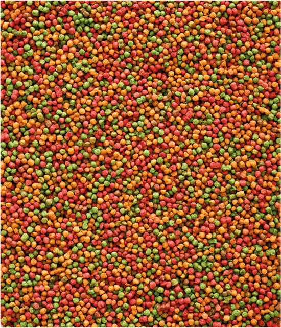 Een close-up van NutriBird B14 pellets in de kleuren groen, rood en oranje.