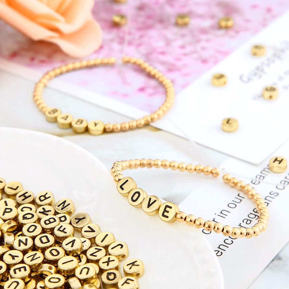 Behave Letterkralen Set - Goud met Zwarte Letters - Acryl - Kralen - Alfabet Kralen - Bedels - 7mm - 624 Stuks — afbeelding 6