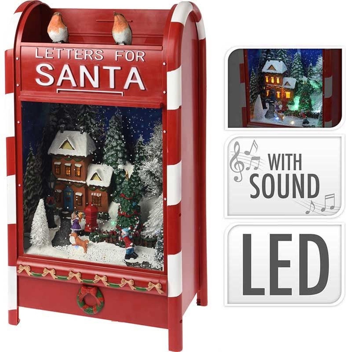 Postbus met Kerstdorp - Bewegende Sneeuw - Muziek - Led verlichting - Kerst 38x25x62 cm