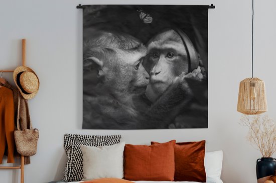Wandkleed - Wanddoek - Dieren - Apen - Natuur - Zwart - Wit - 150x150 cm - Wandtapijt