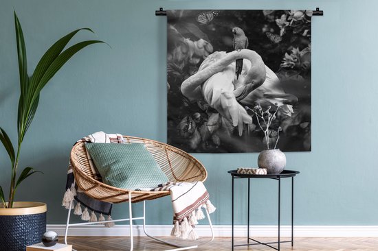 Tapisserie murale - Tissu mural - Flamingo - Papillons - Jungle - Zwart - Wit - 90x90 cm - Tapisserie murale
