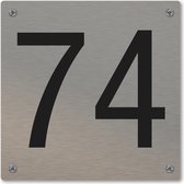 Huisnummerbord - huisnummer 74 - voordeur - 12 x 12 cm - rvs look - schroeven - naambordje nummerbord