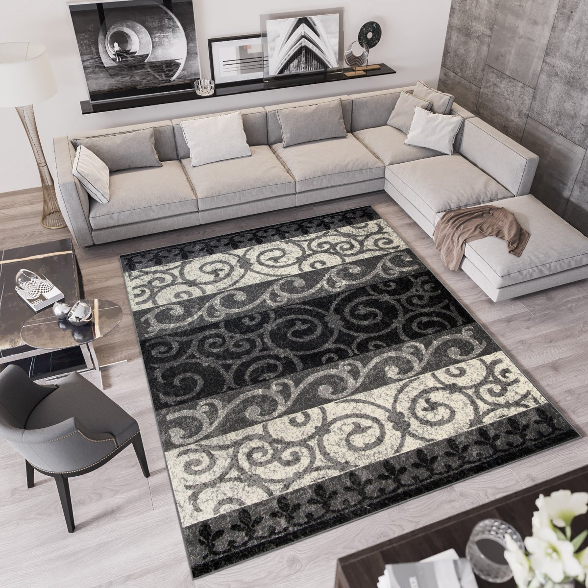 Tapiso Qmega Vloerkleed Gebloemd Modern Woonkamer Tapijt Maat- 300x400 Zwart Grijs2