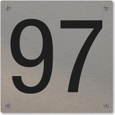 Huisnummerbord - huisnummer 97 - voordeur - 12 x 12 cm - rvs look - schroeven - naambordje nummerbord