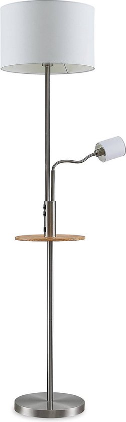 Lindby - vloerlamp - 2 lichts - IJzer, textiel, dennenhout - H: 170 cm - E27 - satijnnikkel, roomwit, licht hout