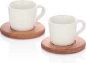 Joy Kitchen duurzame koffiekopjes en espresso kopjes set van 6 | houten onderlegger | natuurlijk barista servies | koffiemok op houten plateau | koffiebeker | porseleinen kopjes |