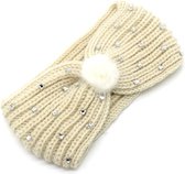 Warme Gebreide Hoofdband met Pompon - Oorwarmers - Beige