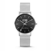 CO88 Collection 8CW-10095 Staal Horloge - Dames - Mesh Band - tot 22 cm - Zwarte Wijzerplaat - Zilverkleurige Kast - 36 mm Doorsnee - Zilverkleurig