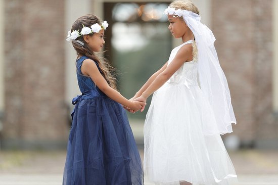 Spaansejurk NL - Communie jurk Bruidsmeisjes jurk bruidsjurk wit 134-140 (140) prinsessen jurk feestjurk + bloemenkrans