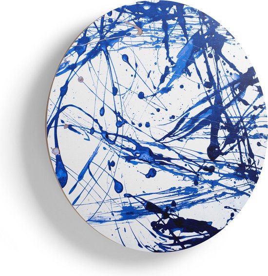 Artaza Houten Muurcirkel - Abstracte Kunst Blauwe Verf - Ø 40 cm - Klein - Multiplex Wandcirkel - Rond Schilderij