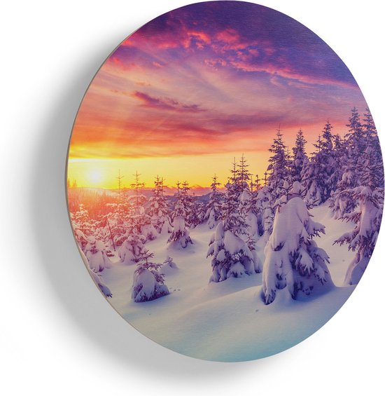 Artaza Muurcirkel - Zonsondergang In Het Sneeuw Bos - Wandcirkel - Rond Schilderij