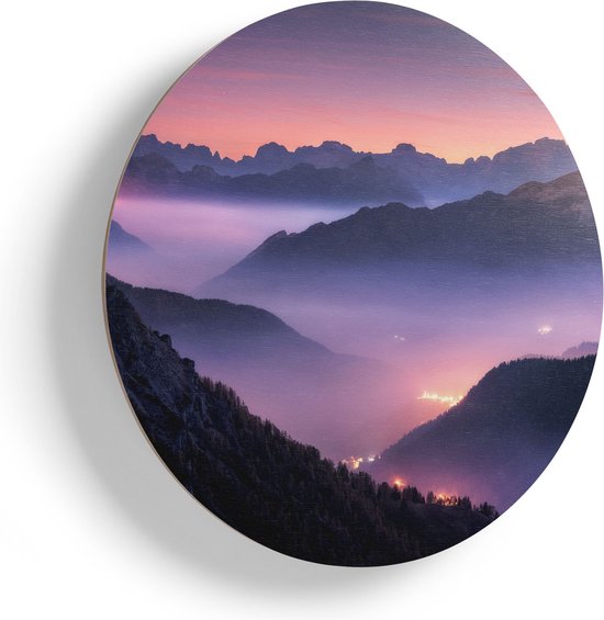 Artaza Houten Muurcirkel - Bergen Landschap In Italië Tijdens Zonsondergang - Ø 65 cm - Multiplex Wandcirkel - Rond Schilderij