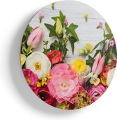Artaza Houten Muurcirkel - Bloemen Op Een Witte Houten Achtergrond - Ø 65 cm - Multiplex Wandcirkel - Rond Schilderij