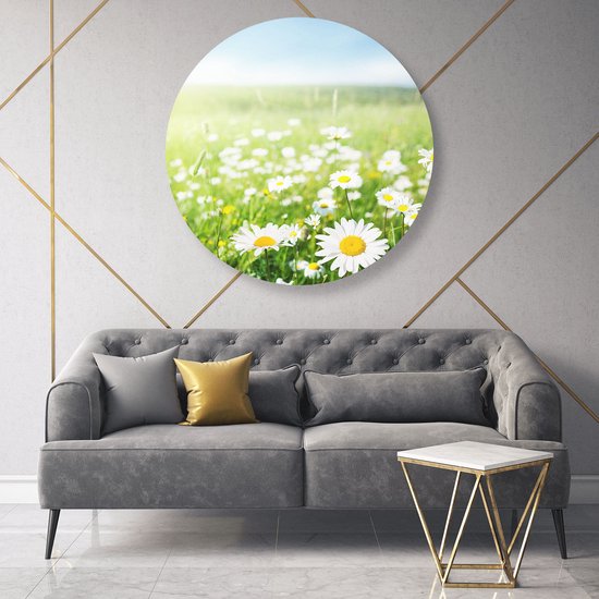 Artaza Dibond Cercle Mural Champ De Fleurs Champ De Marguerites - Fleurs - Ø 90 cm - Groot - Cercle Mural - Tableau Rond - Pour Intérieur et Extérieur
