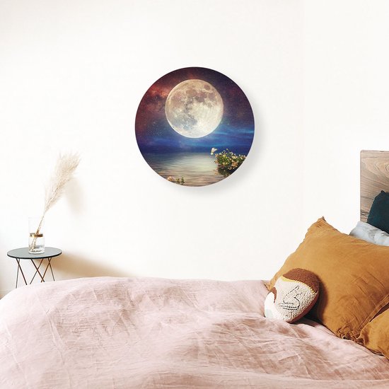 Artaza Dibond Cercle Mural Pleine Lune dans le Ciel au-dessus de l' Water - Ø 70 cm - Cercle Mural - Tableau Rond - Pour Intérieur et Extérieur