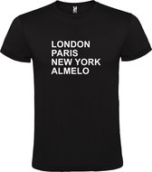Zwart t-shirt met " London, Paris , New York, Almelo " print Wit size L
