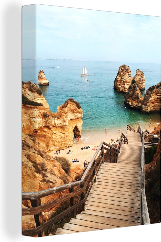 Canvas Schilderij Trap naar het strand Praia do Camilo in Lagos, Portugal - 90x120 cm - Wanddecoratie