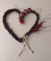 Waanzinnig handgemaakt ❤ hart van berkenhout met roosjes, goud lint + strik 35cm