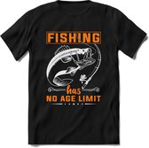 Fishing Has No Age Limit - Vissen T-Shirt | Oranje | Grappig Verjaardag Vis Hobby Cadeau Shirt | Dames - Heren - Unisex | Tshirt Hengelsport Kleding Kado - Zwart - L